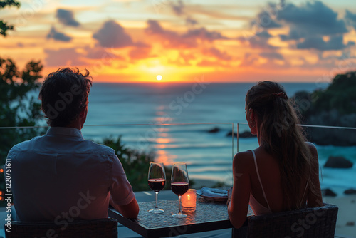 Photo romantique d’un couple admirant un coucher de soleil avec des verres de vin sur un balcon luxueux photo