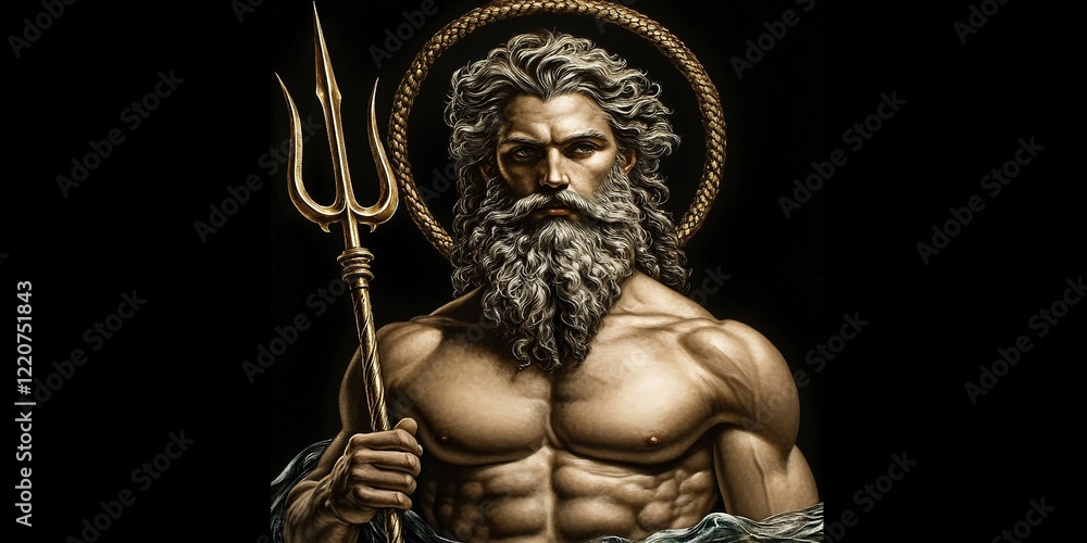 Fototapeta premium Neptune, God of the Sea: A majestic statue of Neptune, the Roman god of the sea, powerfully rendered in bronze hues. He holds his trident, embodying strength and dominion over the ocean. 