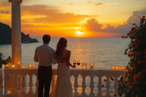 Photo romantique d’un couple admirant un coucher de soleil avec des verres de vin sur un balcon luxueux photo