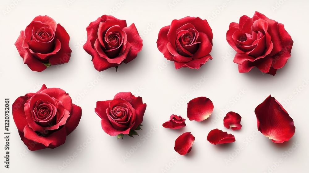 Red roses and petals isolated on white background for floral design projects Red roses and petals isolated on white background for floral design projects