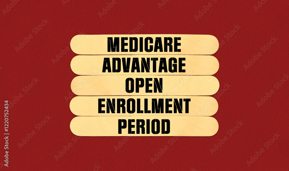 Fototapeta premium Concept word MAOEP Medicare Advantage Open Enrollment Period on beautiful wooden stick. Beautiful Red Chart Paper Background. Business and Medicare Advantage Open Enrollment Period concept. Copy space