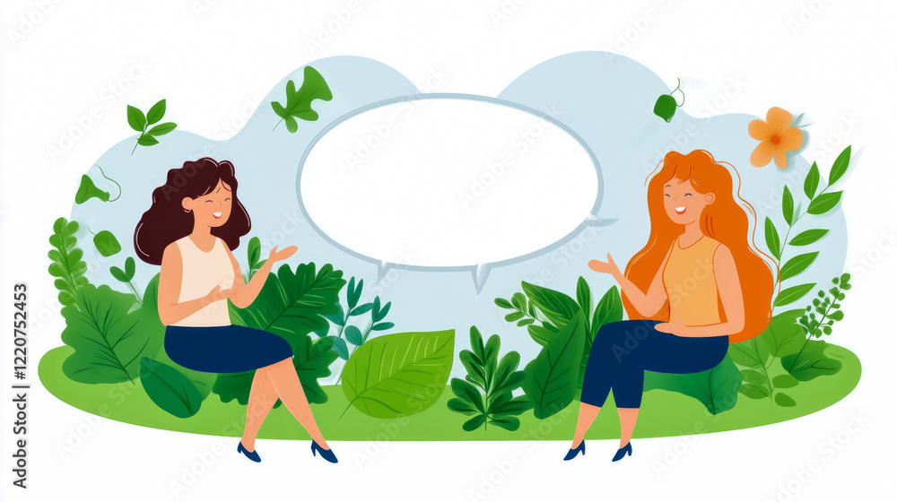 Two Women Engaging in Lively Conversation Amidst Lush Greenery Two Women Engaging in Lively Conversation Amidst Lush Greenery