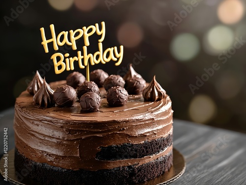 Festive chocolate layered birthday cake with birthday topper, ready for a celebration