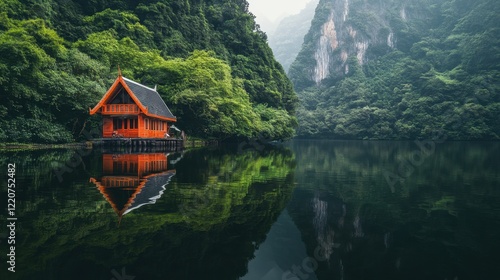 Wallpaper Mural A calm Thai house reflected in the water of a pond, set against a backdrop of lush greenery Torontodigital.ca