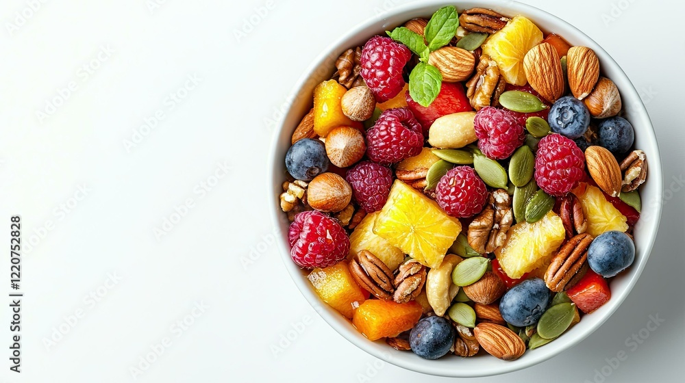 Nutrition snack bowl concept, Fresh Fruit and Nut Bowl with Berries and Mint on White Background for Healthy Eating