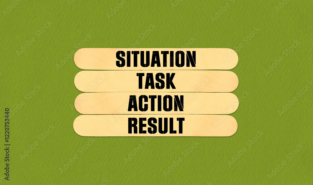 Fototapeta premium STAR Symbol. Concept word STAR Situation Task Action Result on beautiful wooden stick. Beautiful Green Chart Paper Background. Business and STAR Situation Task Action Result concept. Copy space