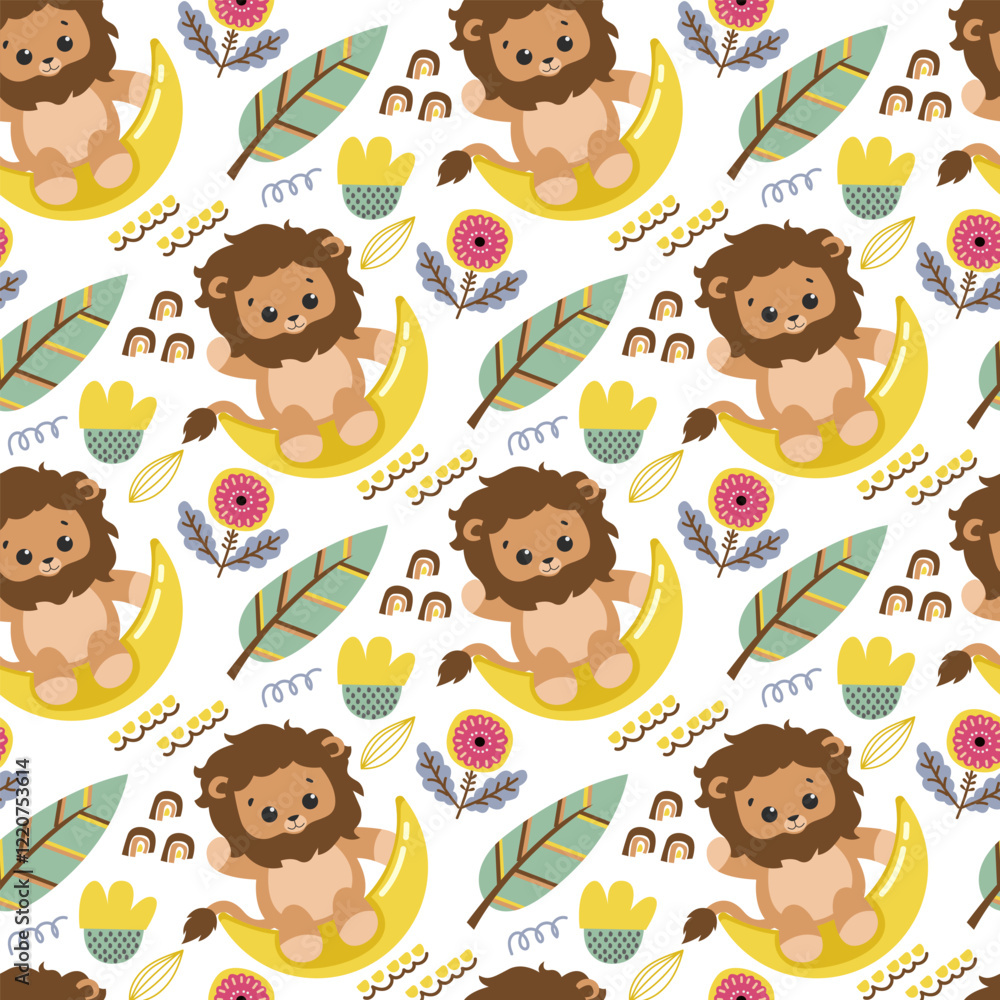 Fototapeta premium Seamless With Cute Lion Pattern For Fabric Baby Clothes Background Textile Wrapping Paper And Other Decoration