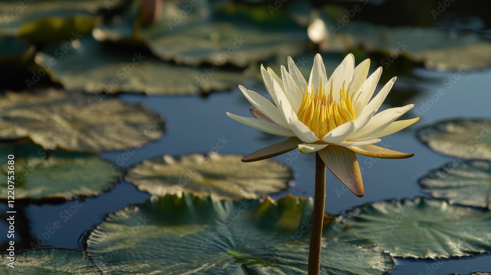 A delicate lotus flower in full bloom, set against a smooth blue water background with soft ripples. A delicate lotus flower in full bloom, set against a smooth blue water background with soft ripples.
