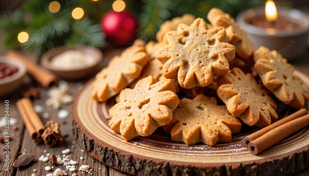 Fototapeta premium Cozy holiday cookies piled on rustic board, festive warmth