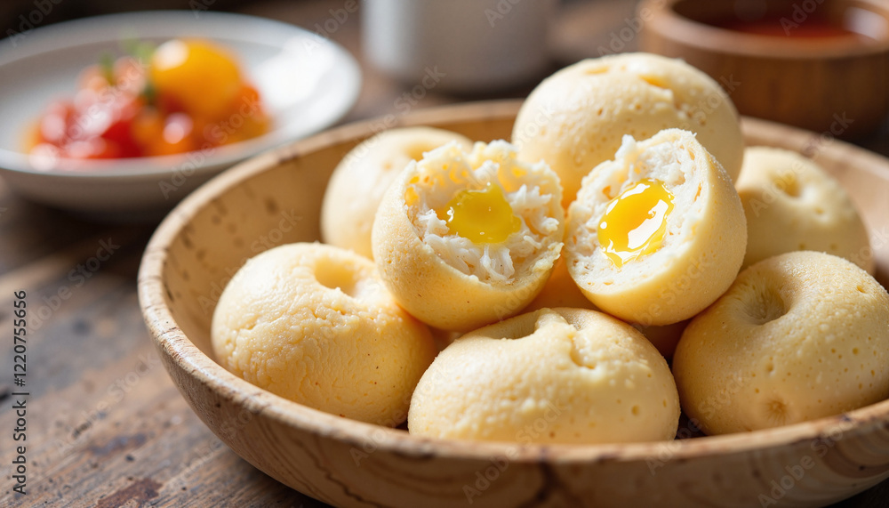 Freshly steamed puto with butter and jam in rustic bowl, comfort food Freshly steamed puto with butter and jam in rustic bowl, comfort food