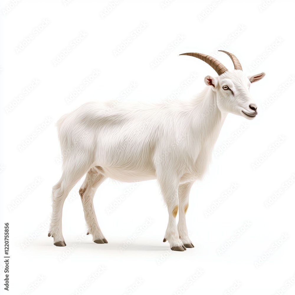 White Goat with Detailed Fur and Horns Isolated on White Background White Goat with Detailed Fur and Horns Isolated on White Background