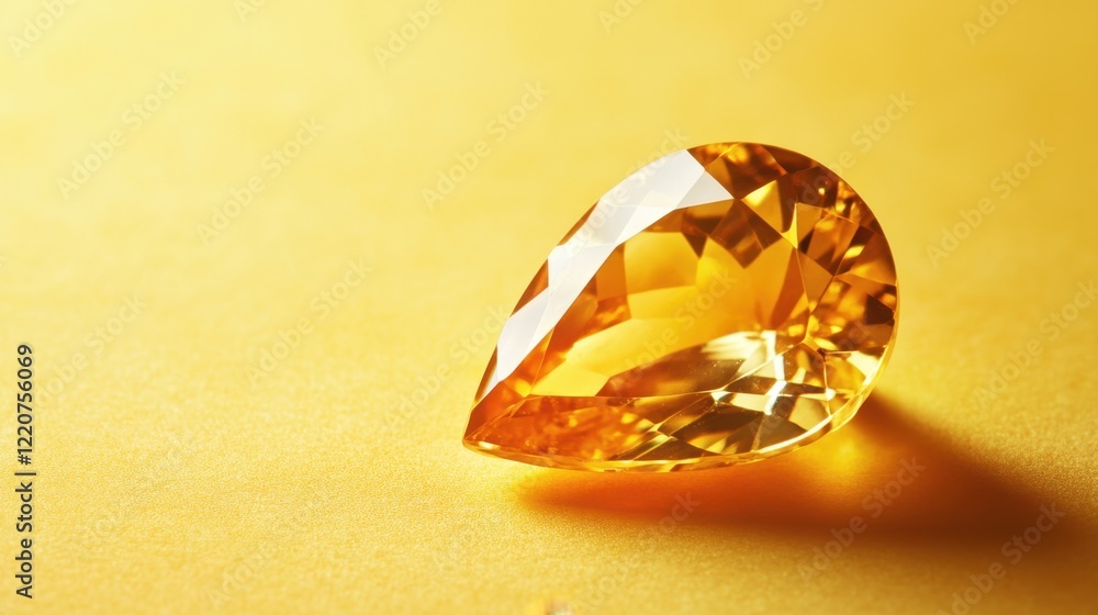A pear-cut topaz gemstone with golden hues, placed on a gradient yellow background. A pear-cut topaz gemstone with golden hues, placed on a gradient yellow background.