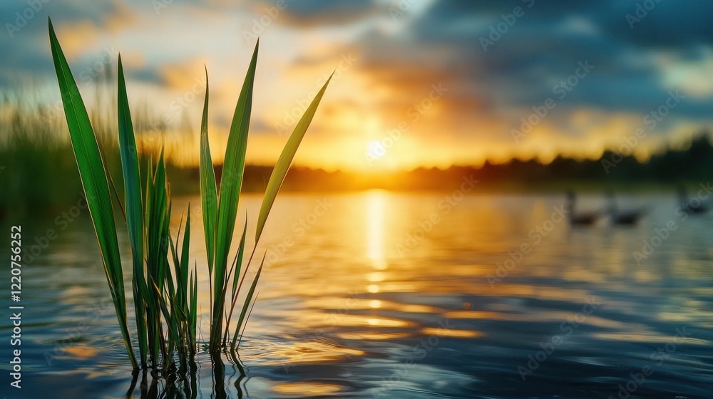 A tranquil lakeside scene at sunset, featuring tall grass in the foreground and a shimmering water surface reflecting the warm colors of the sky. A tranquil lakeside scene at sunset, featuring tall grass in the foreground and a shimmering water surface reflecting the warm colors of the sky.