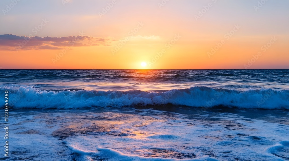 Obraz premium Tranquil Sunset Seascape with Crashing Waves and Serene Horizon