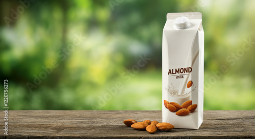 almond milk carton packaging with almonds on wooden background photo