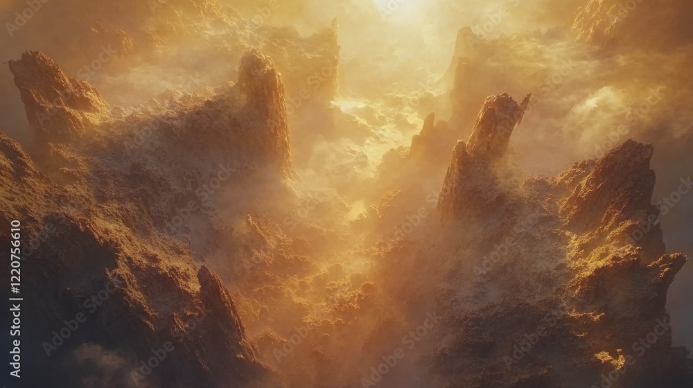 A sweeping aerial view of a desert canyon illuminated by soft golden light A sweeping aerial view of a desert canyon illuminated by soft golden light