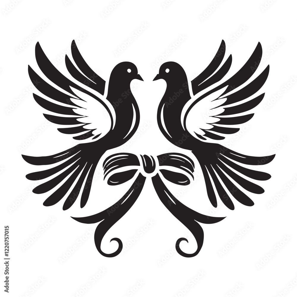 Obraz premium Romantic two doves holding a ribbon, perfect for Valentine’s designs - Dove silhouette - Dove vector - Dove illustration - valentine silhouette - love silhouette 