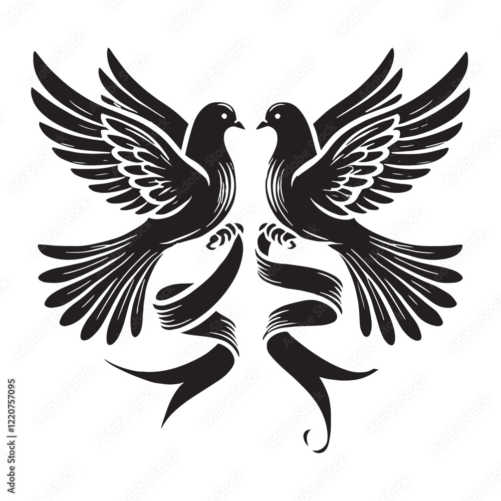 Fototapeta premium Two doves gently holding a ribbon, a symbol of love - Dove silhouette - Dove vector - Dove illustration - valentine silhouette - love silhouette 