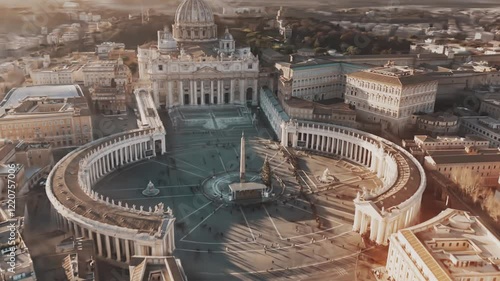 FPV drone aerial shot of the St. Peter's Basilica and St. Peter's Basilica in Vatican