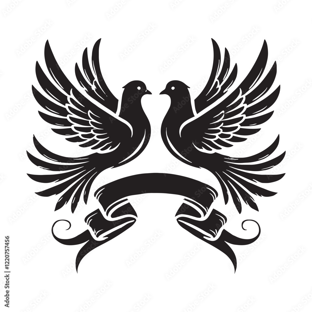 Obraz premium Two doves with a love ribbon, creating a sense of romance - Dove silhouette - Dove vector - Dove illustration - valentine silhouette - love silhouette