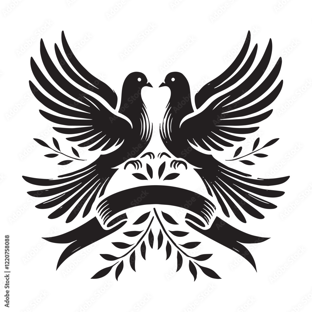 Obraz premium Two doves gracefully holding a ribbon, symbolizing love - Dove silhouette - Dove vector - Dove illustration - valentine silhouette - love silhouette 