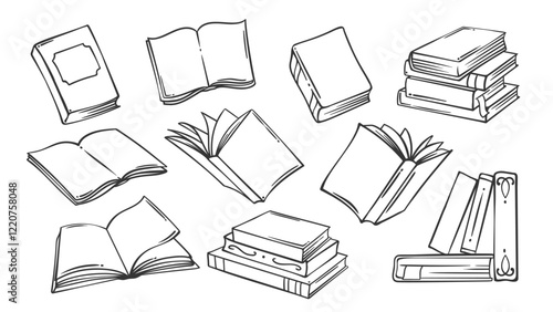 Open and closed paper classic books, literature in stack line icon set. Outline hand drawn vintage notebook and encyclopedia, poetry and novel. Library mascots, simple books icons vector illustration