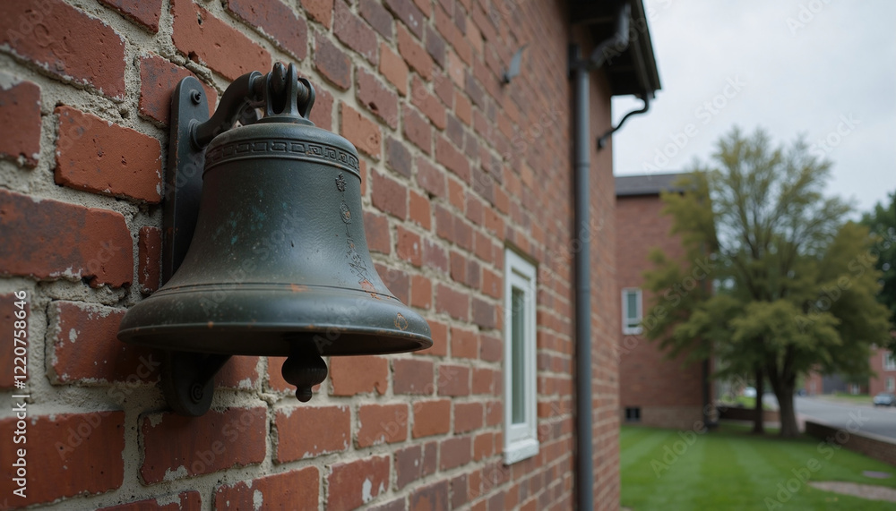 Obraz premium Rustic school bell mounted on brick wall for Back to School theme with copy space