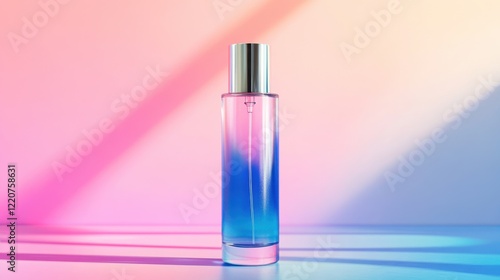 A sleek, clear glass bottle of luxury body lotion placed elegantly against a soft pastel background