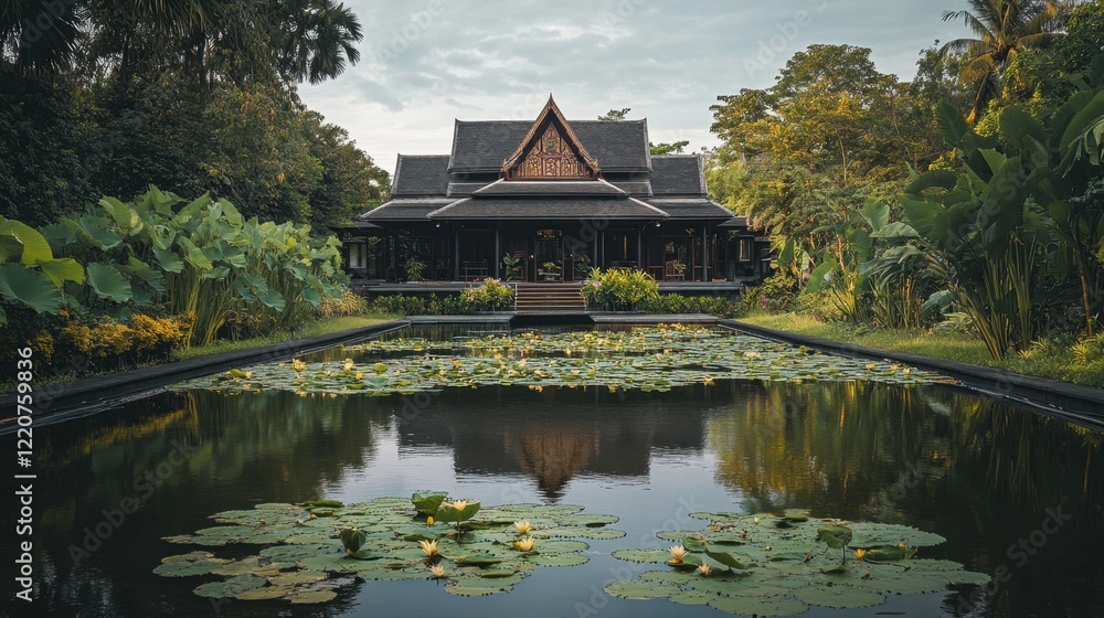 A traditional Thai house beside a serene pond with tropical plants and water lilies floating peacefully A traditional Thai house beside a serene pond with tropical plants and water lilies floating peacefully