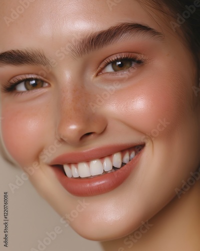 Close-up portrait of a young caucasian female with radiant smile