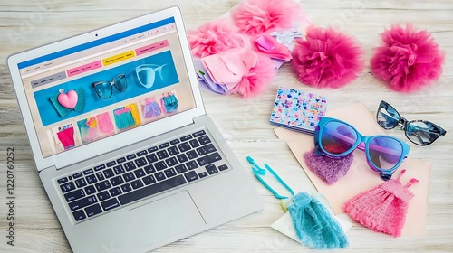 Laptop screen displays items next to a variety of props
