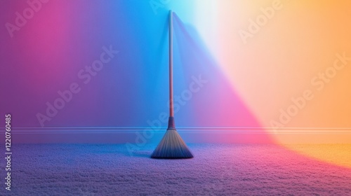 A well-made broom positioned on the floor, illuminated by a colorful background glow