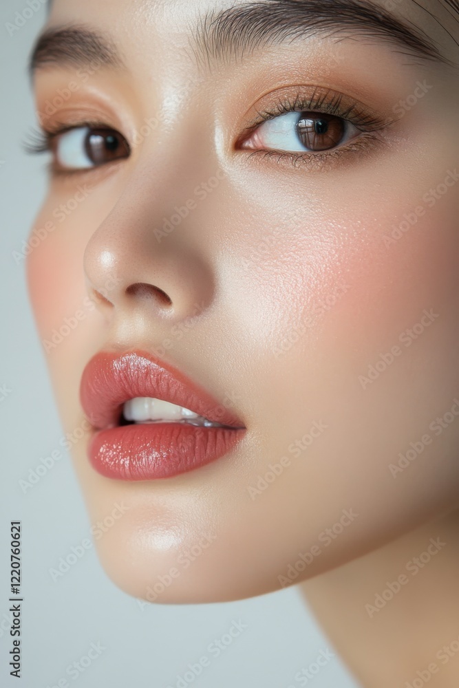 Fototapeta premium Close-up of asian young female with glossy skin and natural makeup
