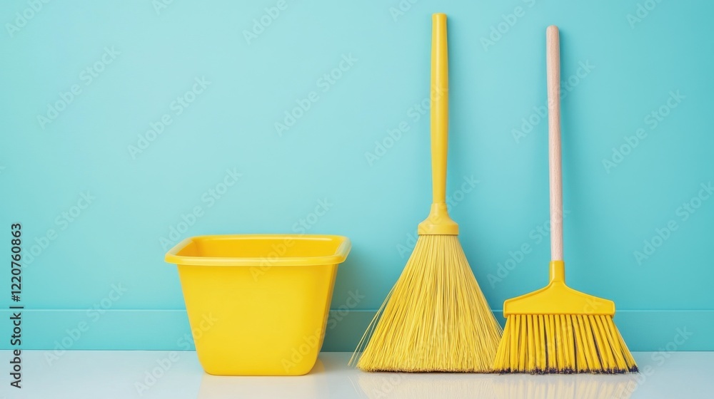 Broom and dustpan placed side by side on a clean surface, set against a soft blue background Broom and dustpan placed side by side on a clean surface, set against a soft blue background