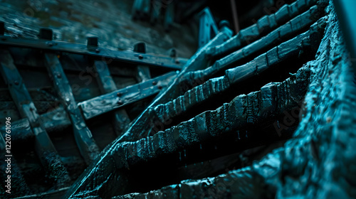 A close-up view of worn wooden stairs leading to a rustic, dimly lit space.