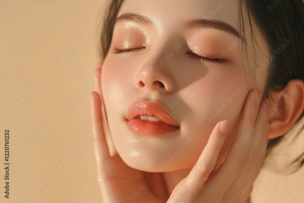 Fototapeta premium A close up of a womans face with eyes closed and hand on face