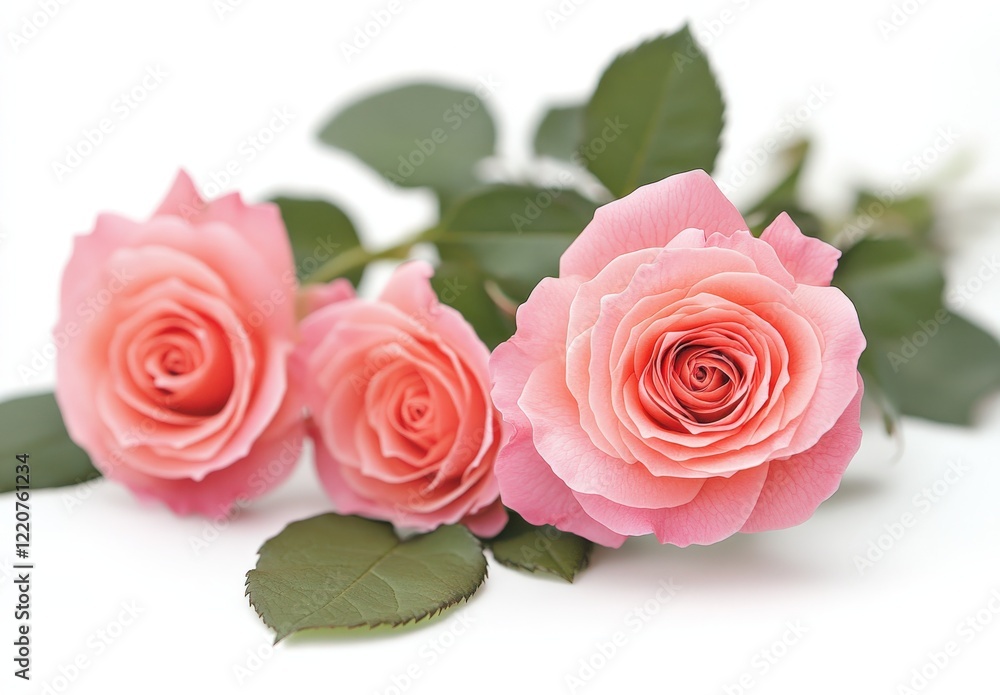 Three pink roses with green leaves on a crisp white background Three pink roses with green leaves on a crisp white background