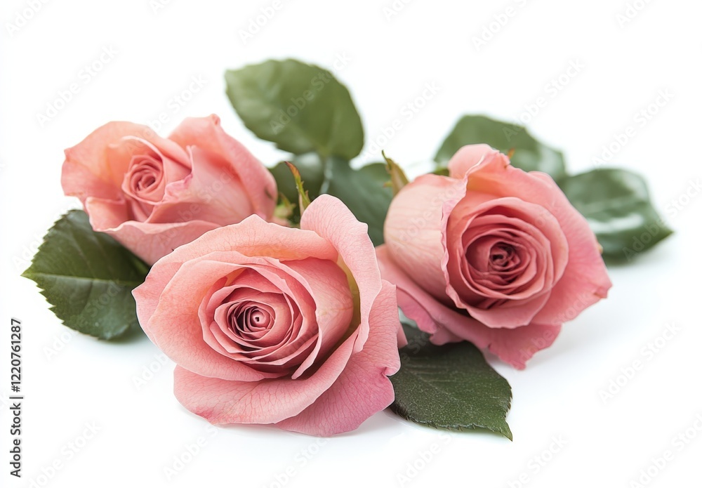 Three pink roses with green leaves on a crisp white background Three pink roses with green leaves on a crisp white background