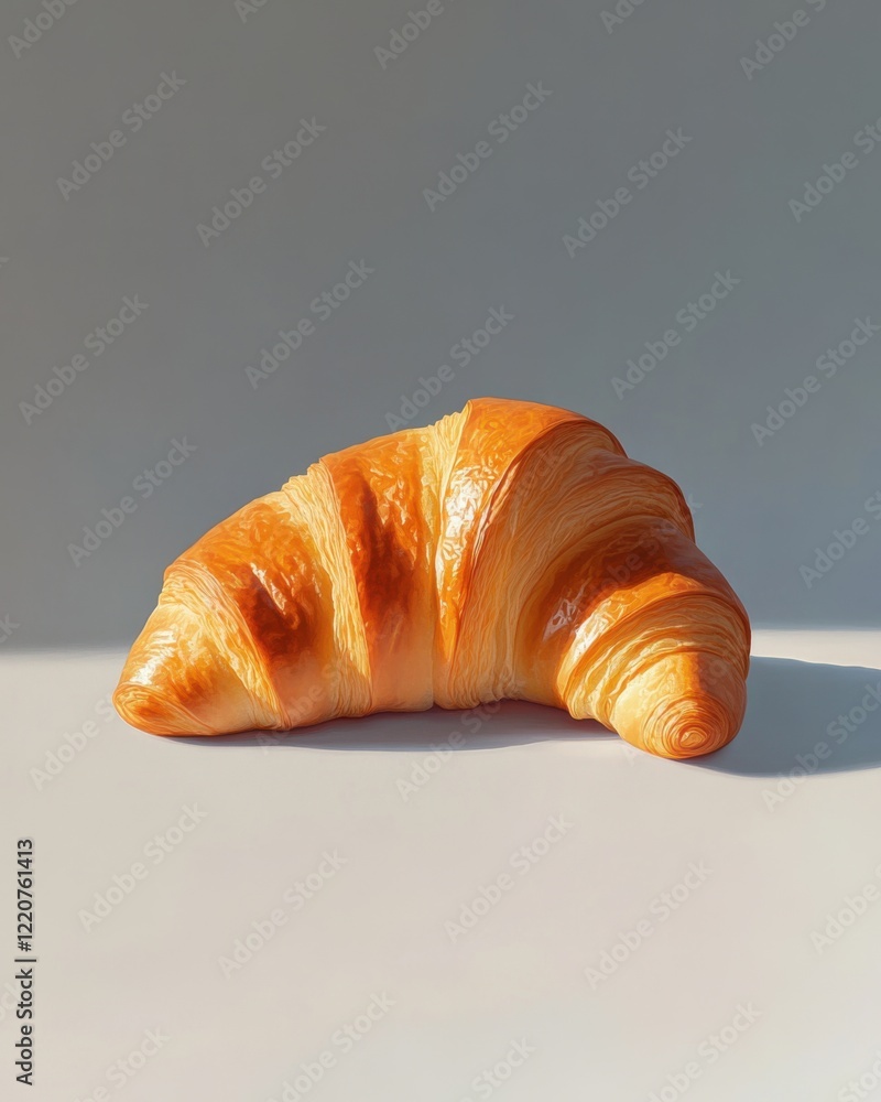 Golden brown croissant on white surface with soft shadow under natural light Golden brown croissant on white surface with soft shadow under natural light