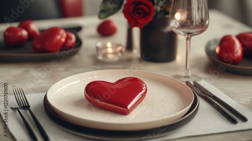 Romantic table setting with red heart decor for valentine's day celebration