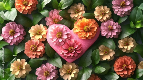 Heart shaped zinnia field with vibrant flowers for romantic garden decoration photo