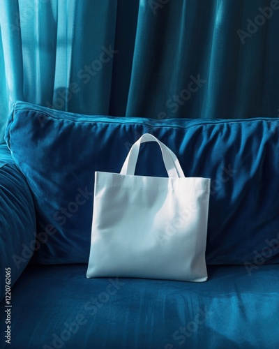 White canvas tote bag on blue velvet sofa with curtains in background photo