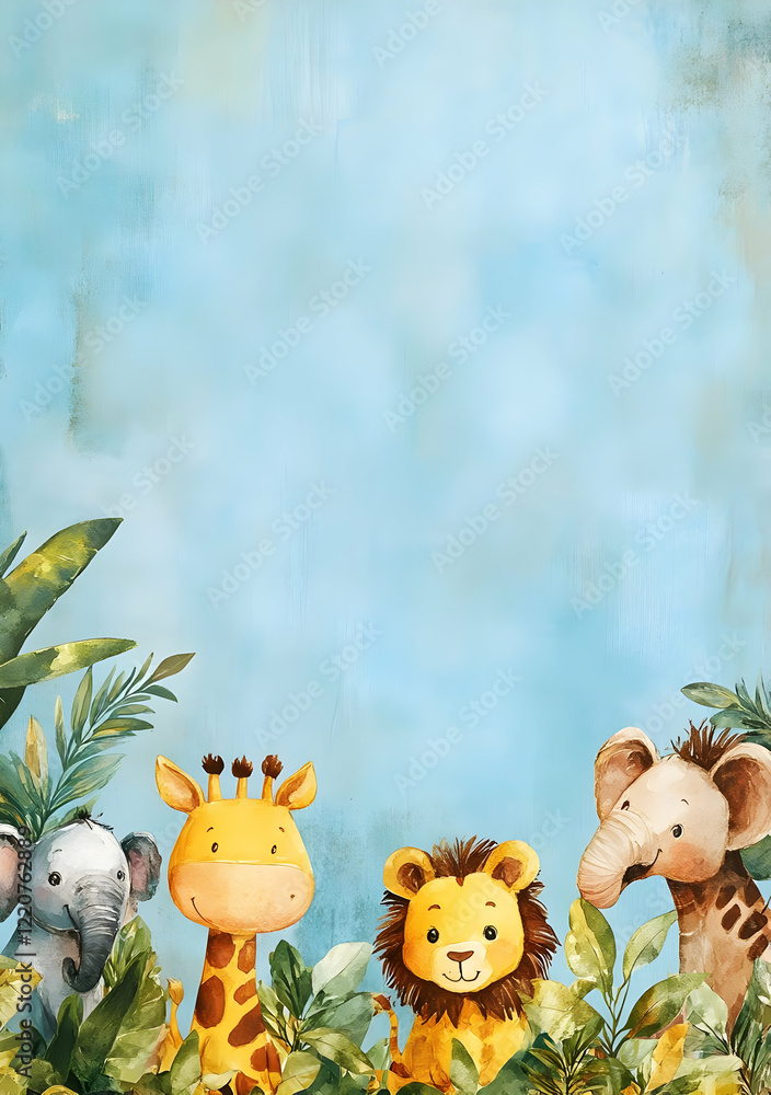 Naklejka premium A colorful illustration featuring cartoon animals among tropical foliage.