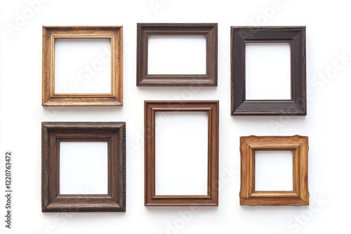 Assorted empty wooden picture frames on white background
