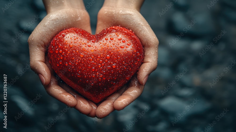 Obraz premium Close-up of hands holding a wet, red heart-shaped object against a blurred, textured background