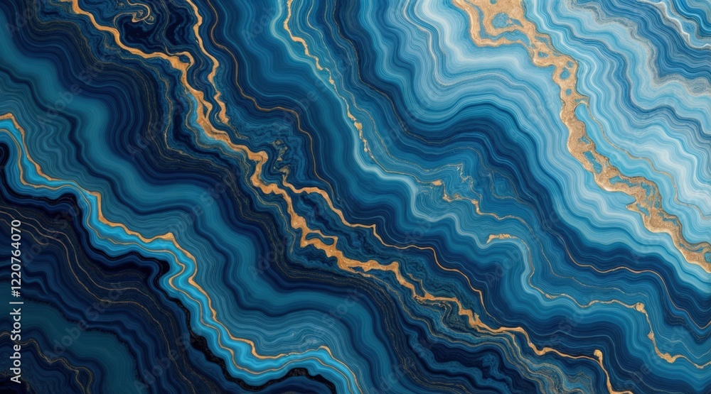 Fototapeta premium Blue marble-like texture with golden inclusions and soft white streaks, resembling a polished gemstone or stone surface.