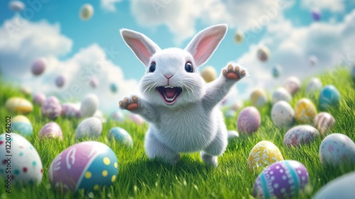 happy Easter bunny jumping with joy with many Easter eggs photo