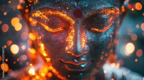 close up of goutam buddha statue with fire photo