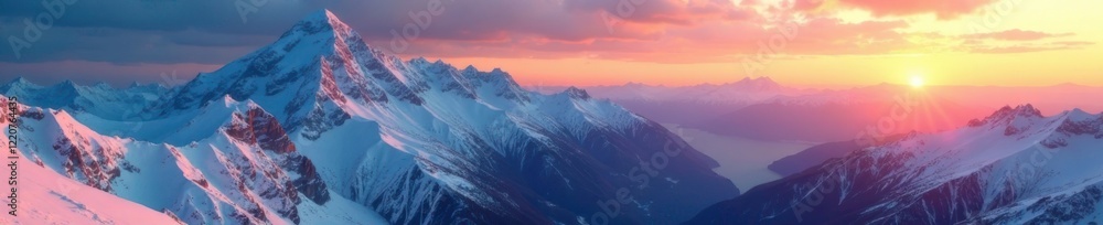 Frozen mountain peaks with snow-covered ridges and valleys at golden hour sunset, mountain peaks sunrise, serene snowy mountains, snowy mountains Frozen mountain peaks with snow-covered ridges and valleys at golden hour sunset, mountain peaks sunrise, serene snowy mountains, snowy mountains