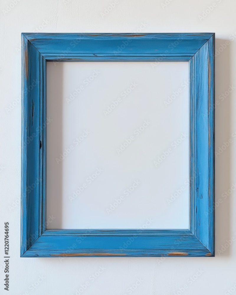 Empty rustic blue wooden frame on white wall Empty rustic blue wooden frame on white wall